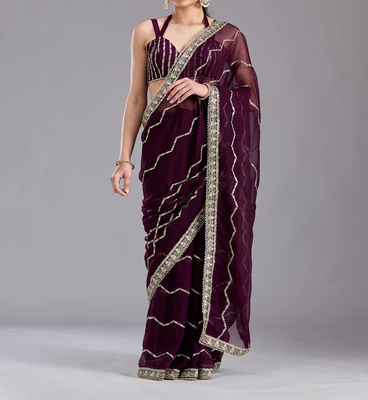 Purple Sequins Georgette Saree